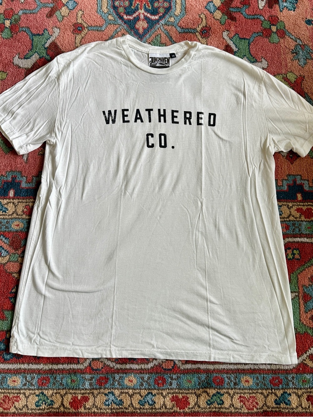 Jungmaven White Tee with Black "WEATHERED CO." Chest Print